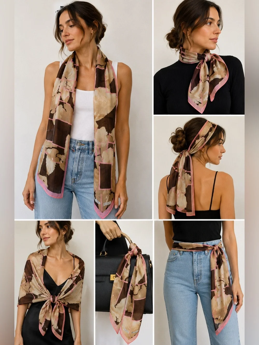 Baletra Vintage 100% Silk Long Scarf Brown Beige Pink Floral Abstract 63” x 17”